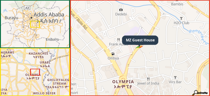 Map showing the address of MZ Guest House in three different zoom levels.