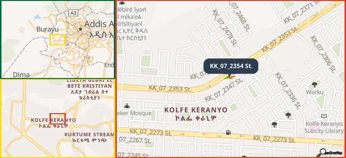 Map showing the address of KK_07_2354 St. in three different zoom levels.