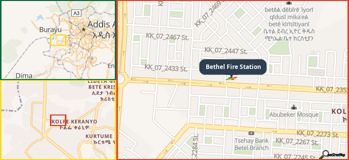 Map showing the address of Bethel Fire Station in three different zoom levels.