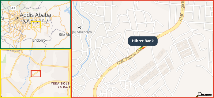 Map showing the address of Hibret Bank in three different zoom levels.