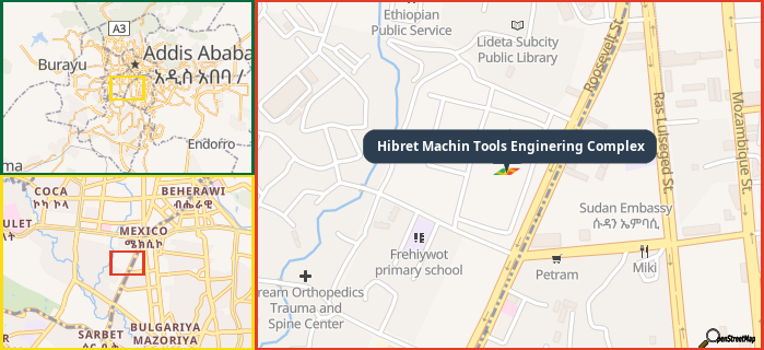 Map showing the address of Hibret Machin Tools Enginering Complex in three different zoom levels.