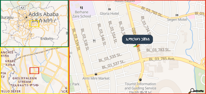 Map showing the address of ኢማርትዞን ጋጀትስ in three different zoom levels.