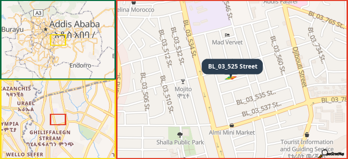 Map showing the address of BL_03_525 Street in three different zoom levels.