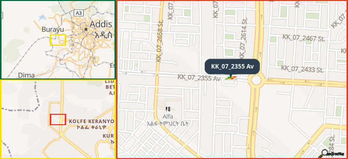 Map showing the address of KK_07_2355 Av in three different zoom levels.