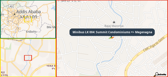 Map showing the address of Minibus LK 004: Summit Condominiums => Megenagna in three different zoom levels.