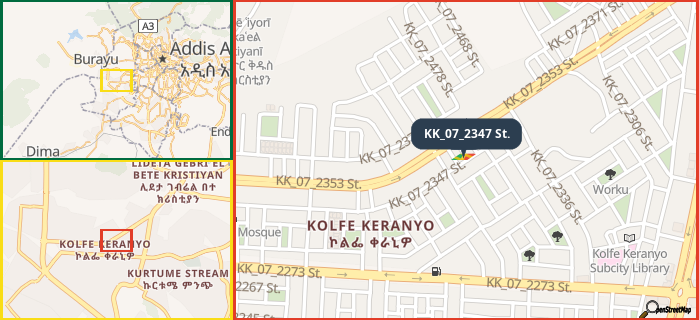 Map showing the address of KK_07_2347 St. in three different zoom levels.