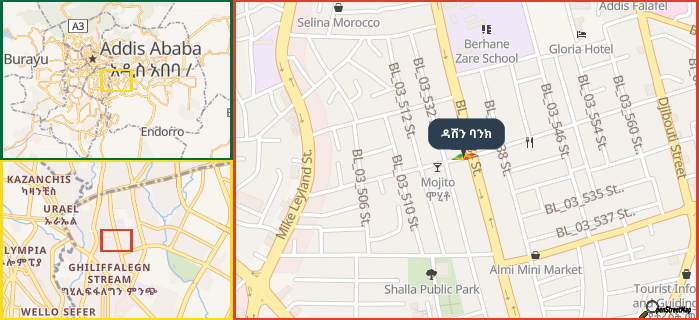 Map showing the address of ዳሽን ባንክ in three different zoom levels.