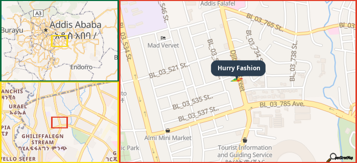 Map showing the address of Hurry Fashion in three different zoom levels.