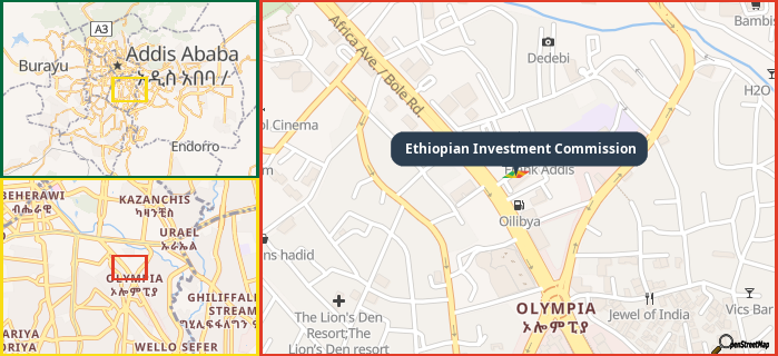 Map showing the address of Ethiopian Investment Commission in three different zoom levels.