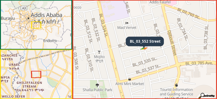 Map showing the address of BL_03_552 Street in three different zoom levels.