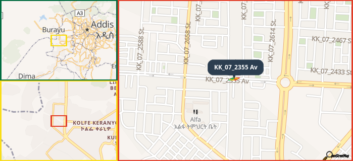 Map showing the address of KK_07_2355 Av in three different zoom levels.