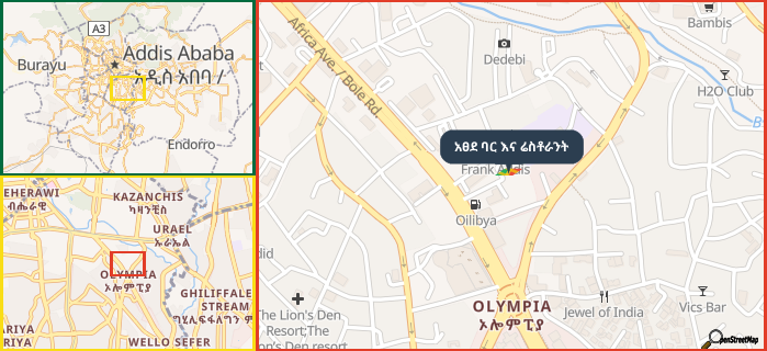 Map showing the address of አፀደ ባር እና ሬስቶራንት in three different zoom levels.