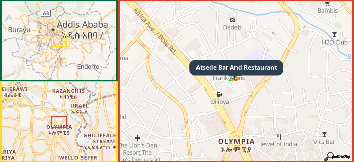 Map showing the address of Atsede Bar And Restaurant in three different zoom levels.