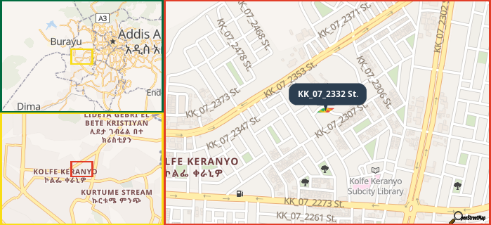 Map showing the address of KK_07_2332 St. in three different zoom levels.