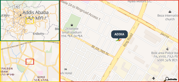 Map showing the address of ADIKA in three different zoom levels.