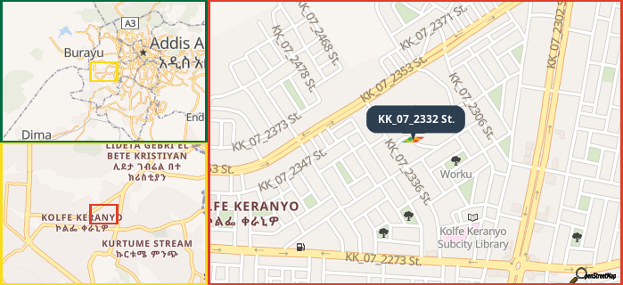 Map showing the address of KK_07_2332 St. in three different zoom levels.