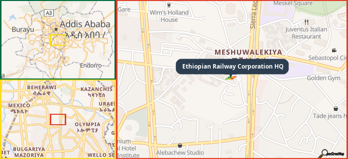 Map showing the address of Ethiopian Railway Corporation HQ in three different zoom levels.