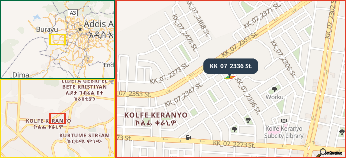 Map showing the address of KK_07_2336 St. in three different zoom levels.