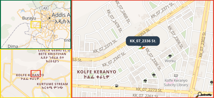 Map showing the address of KK_07_2336 St. in three different zoom levels.