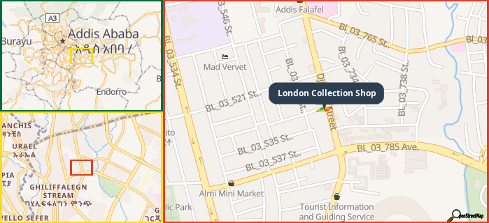 Map showing the address of London Collection Shop in three different zoom levels.