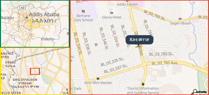 Map showing the address of ጂቡቲ መንገድ in three different zoom levels.