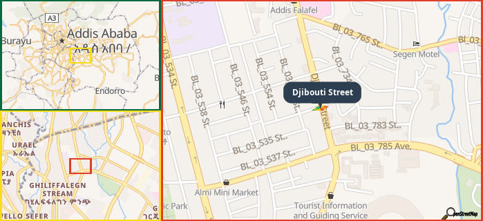 Map showing the address of Djibouti Street in three different zoom levels.
