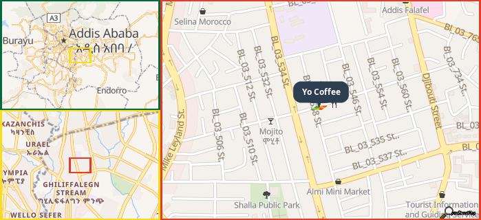 Map showing the address of Yo Coffee in three different zoom levels.