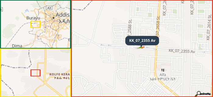 Map showing the address of KK_07_2355 Av in three different zoom levels.