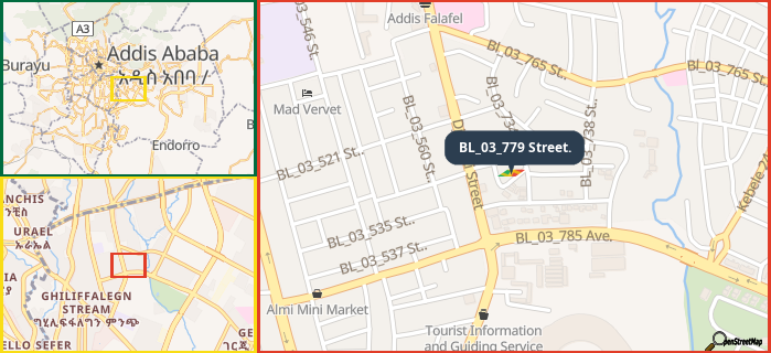 Map showing the address of BL_03_779 Street. in three different zoom levels.