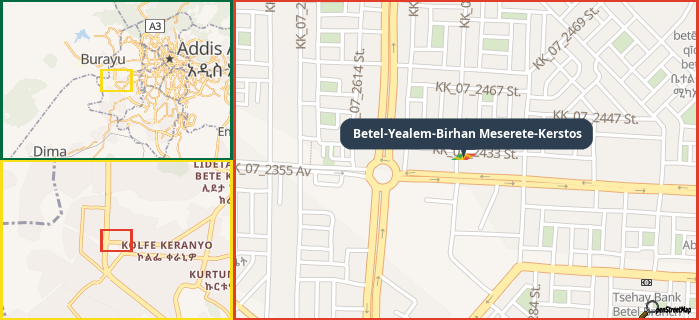 Map showing the address of Betel-Yealem-Birhan Meserete-Kerstos in three different zoom levels.