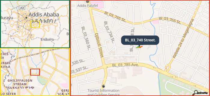 Map showing the address of BL_03_740 Street. in three different zoom levels.