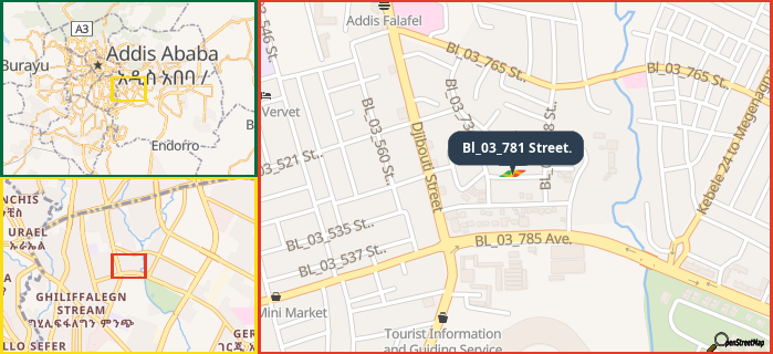 Map showing the address of Bl_03_781 Street. in three different zoom levels.