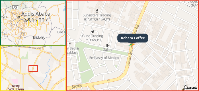 Map showing the address of Robera Coffee in three different zoom levels.