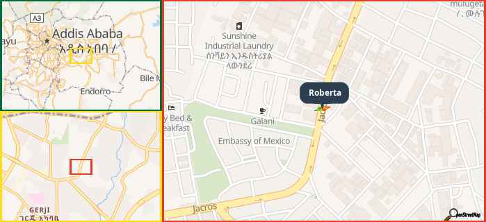 Map showing the address of Roberta in three different zoom levels.