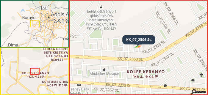 Map showing the address of KK_07_2506 St. in three different zoom levels.