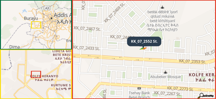 Map showing the address of KK_07_2552 St. in three different zoom levels.