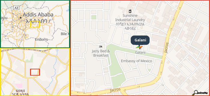 Map showing the address of Galani in three different zoom levels.