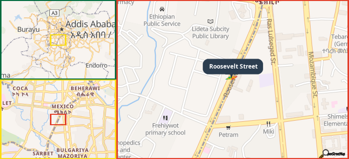 Map showing the address of Roosevelt Street in three different zoom levels.