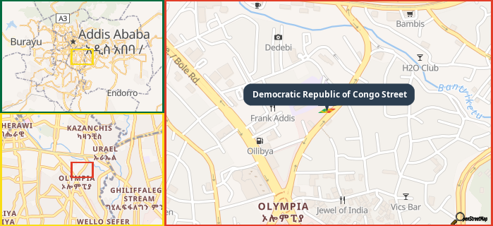 Map showing the address of Democratic Republic of Congo Street in three different zoom levels.