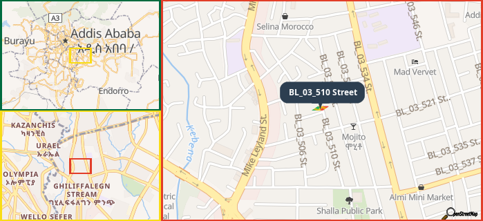 Map showing the address of BL_03_510 Street in three different zoom levels.