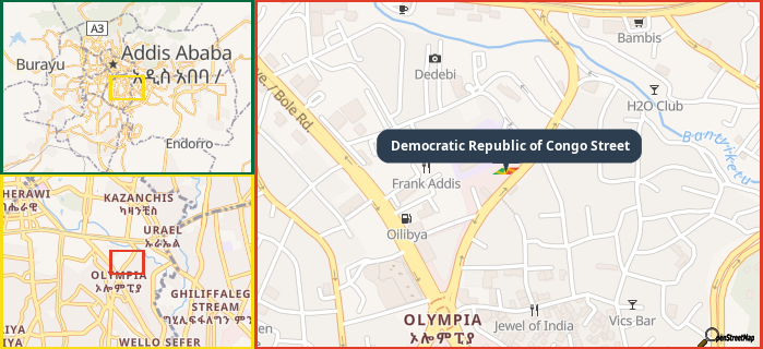 Map showing the address of Democratic Republic of Congo Street in three different zoom levels.