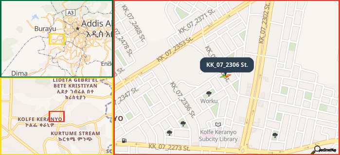 Map showing the address of KK_07_2306 St. in three different zoom levels.