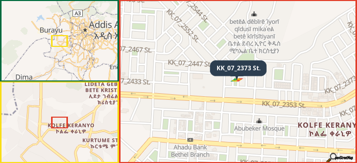 Map showing the address of KK_07_2373 St. in three different zoom levels.
