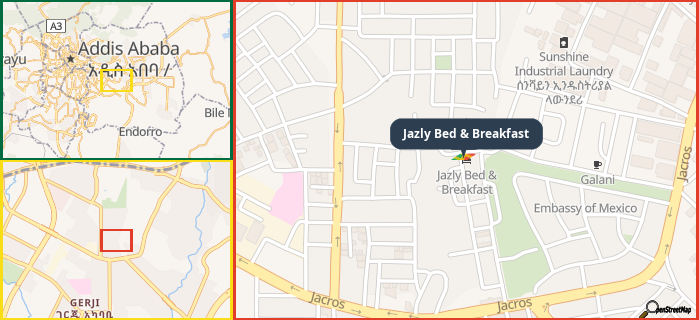 Map showing the address of Jazly Bed & Breakfast in three different zoom levels.