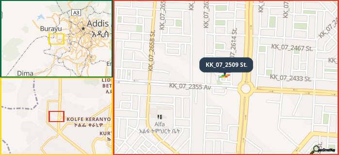 Map showing the address of KK_07_2509 St. in three different zoom levels.