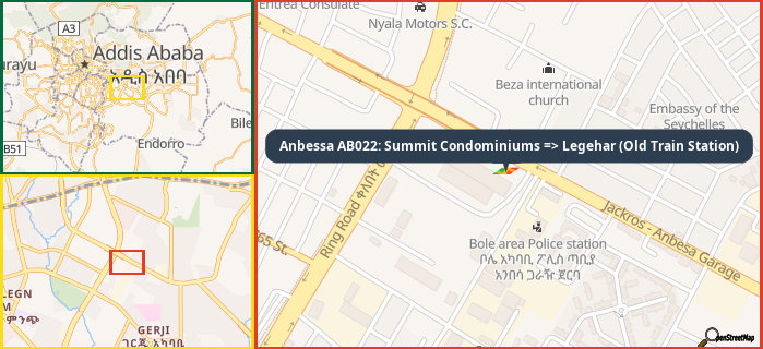 Map showing the address of Anbessa AB022: Summit Condominiums => Legehar (Old Train Station) in three different zoom levels.