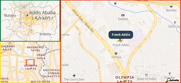 Map showing the address of Frank Addis in three different zoom levels.