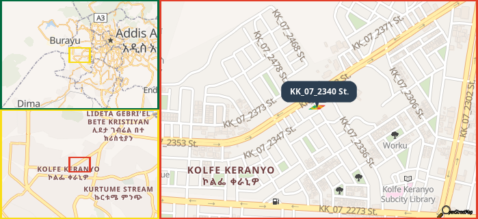 Map showing the address of KK_07_2340 St. in three different zoom levels.