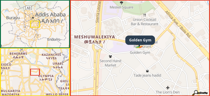 Map showing the address of Golden Gym in three different zoom levels.