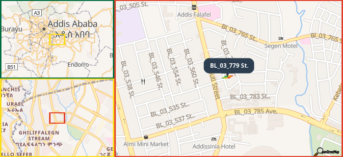 Map showing the address of BL_03_779 St. in three different zoom levels.